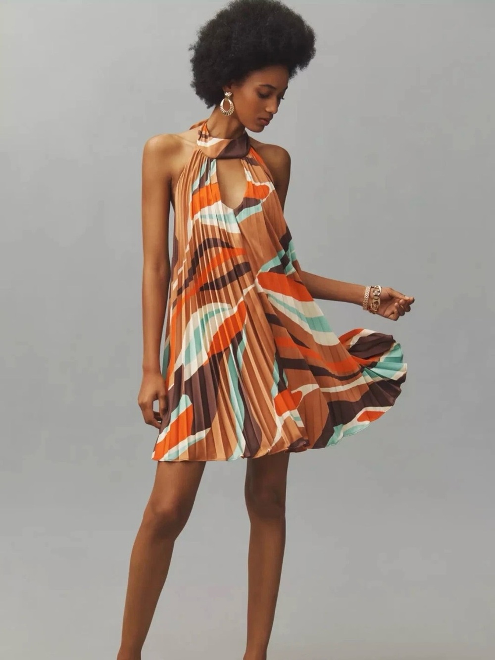 Anthropologie Hutch Pleated Halter Swing Mini Dress Brown Motif Size Small